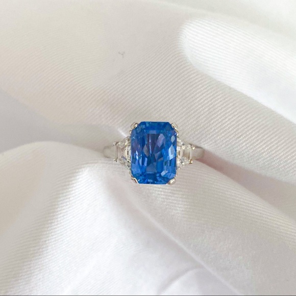 Natural 4.77CT Blue Sapphire Ring with 0.81CT Trapezoid Diamonds 14K White Gold - Picture 9 of 9